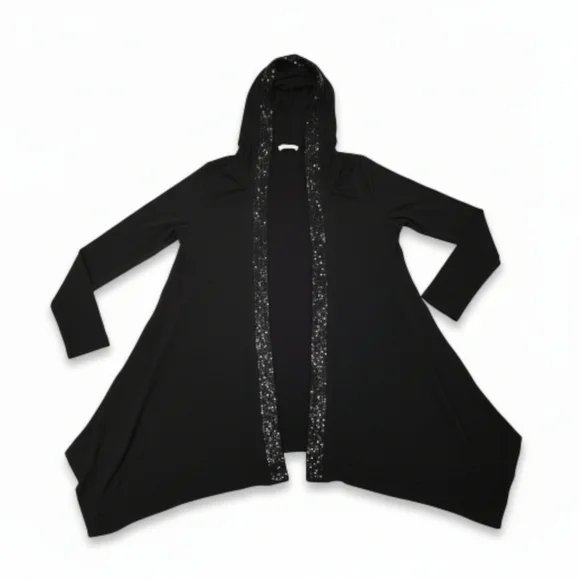 EUC S-Twelve Size 1X Goth Black Hooded Rhinestone Draped Cardigan!! - Picture 5 of 10